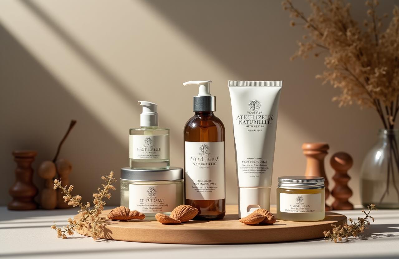 Eine stilvolle Anordnung von handgemachten Kosmetikprodukten von Atelier Naturelle.